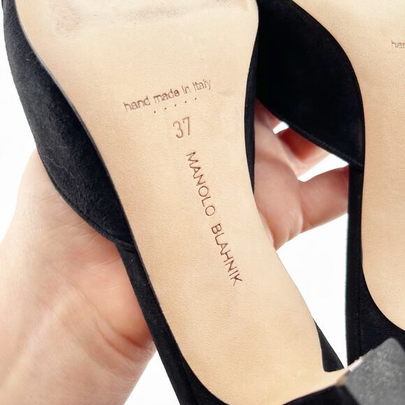 Manolo Blahnik Maysale Black Suede Buckle Pointed Toe Kitten Heel Mules IT 37 - Picture 10 of 10